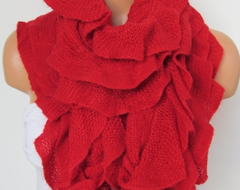 Red Knitted Fabric Scarf - Shawl Scarf - Winter Fashion Scarf - Ruffle Scarf - Infinty Scarf - Neck Warmer