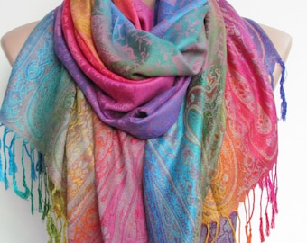 Pashmina Scarf Shawl Oversize Rainbow Scarf Fall Winter Women Fashion Accessories Boho Ombre Scarf Holiday Christmas Gifts For Her For Women