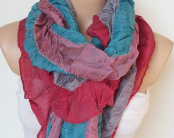 Pink Blue and Gray Ruffle Scarf Striped Pattern Shawl Scarf New Season Long Scarf-Headband- Infinity Scarf- Spring Accessory-Cotton Scarf