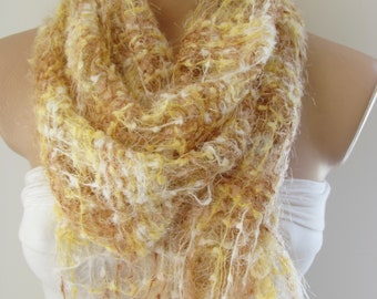 Beige Yellow Color Knitted Fabric Scarf - Shawl Scarf - Winter Fashion Scarf -Fringed Scarf - Infinty Scarf - Neck Warmer