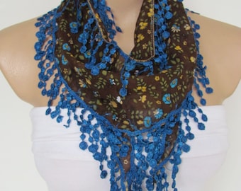 Brown Yellow  Blue  Flowered Scarf With Navy Blue Fringe-New Season Headband-Necklace- Infinity Scarf- Spring Accessory-Long Scarf
