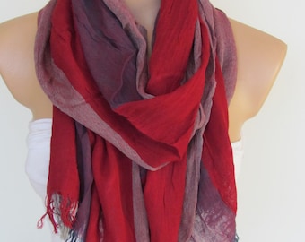 Red and Claret Scarf - Striped Pattern Shawl Scarf-New Season-Necklace-Cowl- Neck warmer- Infinity Scarf-Mother's Day Gift