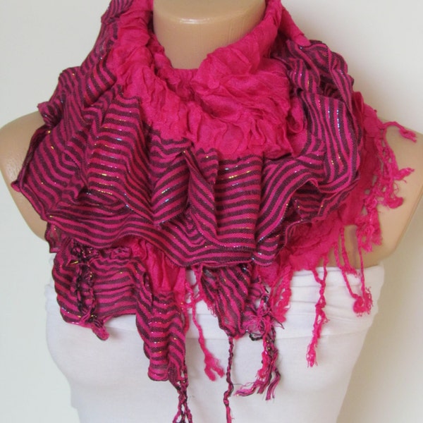 Foulard en coton-accessoire fuchsia Long foulard-nouvelle saison-RuffleScarf-bandeau-collier-Infinity Scarf - printemps