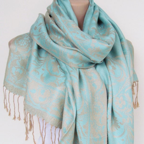Aqua Blue Beige Pashmina Scarf Oversize Shawl Wrap Stole Gift For Mothers Christmas Bridesmaid Women Accessories Fall Winter Holiday Fashion