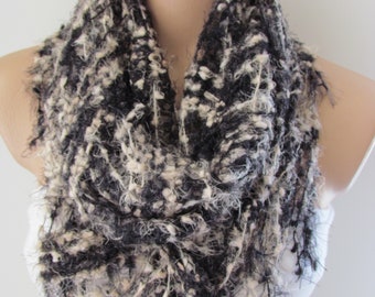 Black Cream Color Knitted Fabric Scarf - Shawl Scarf - Winter Fashion Scarf -Fringed Scarf - Infinty Scarf - Neck Warmer