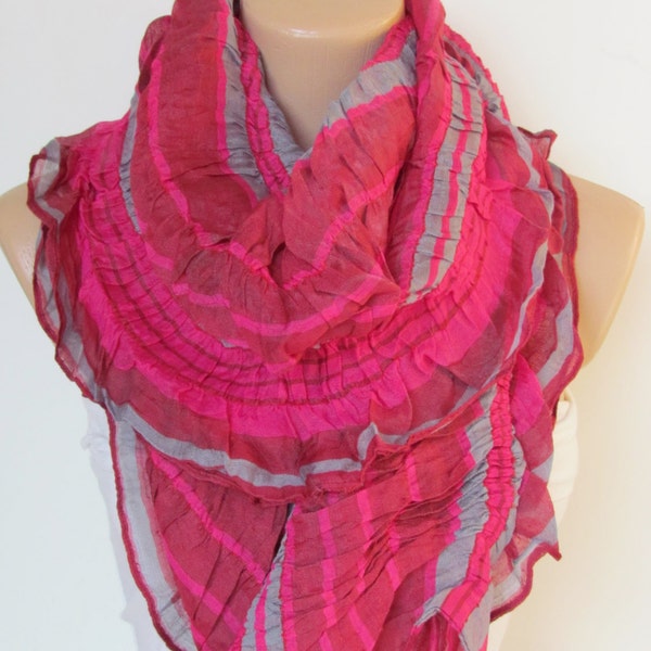 Fuchsia and Gray Ruffle Scarf Striped Pattern Shawl Scarf New Season Long Scarf-Headband- Infinity Scarf- Spring Accessory-Cotton Scarf