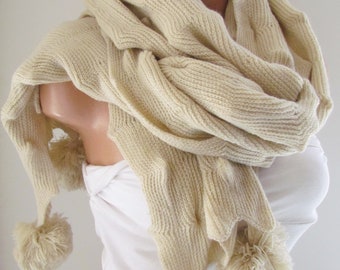 Cream Knitted Fabric Scarf - Shawl Scarf - Winter Fashion Scarf - Ruffle Scarf - Infinty Scarf - Neck Warmer