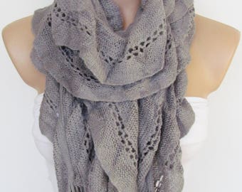 Gray Knitted Fabric Scarf - Shawl Scarf - Winter Fashion Scarf - Ruffle Scarf - Infinty Scarf - Neck Warmer