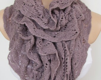 Lilac Knitted Fabric Scarf - Shawl Scarf - Winter Fashion Scarf - Ruffle Scarf - Infinty Scarf - Neck Warmer
