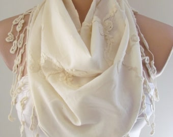 Cream Scarf with fringe -Triangle Shawl Scarf-Spring Fashion-Necklace-Lariat-Pashmina Scarf- Neckwarmer- Infinity Scarf-Mother's Day Gift