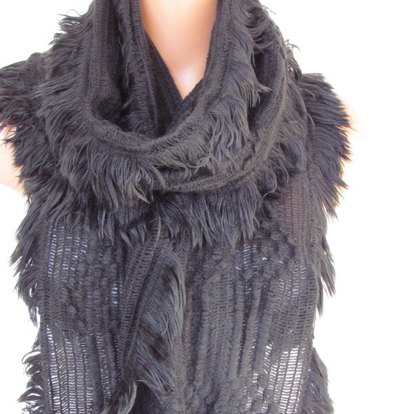 Gray Knitted Fabric Scarf - Shawl Scarf - Winter Fashion Scarf - Ruffle Scarf - Infinty Scarf - Neck Warmer