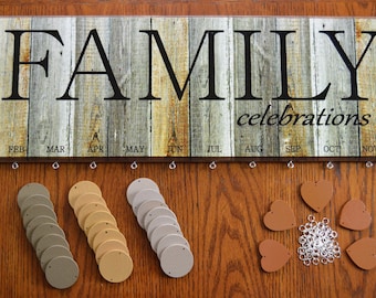 Family birthday wooden calendar sign, Rustic Wood Look Family Celebrations birthday reminder kit, Mothers Day, Fathers Day, Grandparent day