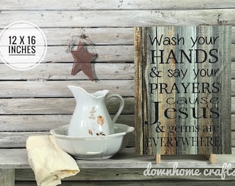 Jesus and Germs Are Everywhere Sign, Wooden Wash your Hands bathroom sign, Religious