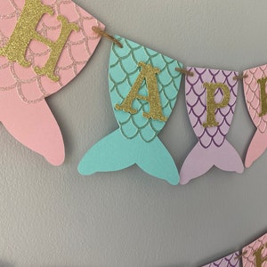 Mermaid birthday banner, mermaid tail banner, first birthday, mermaid party, under the sea, mermaid banner, PURPLE, TEAL, PINK, and gold image 4