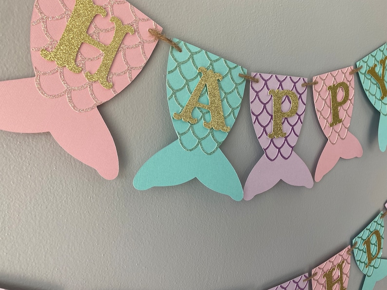 Mermaid birthday banner, mermaid tail banner, first birthday, mermaid party, under the sea, mermaid banner, PURPLE, TEAL, PINK, and gold image 4