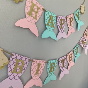 Mermaid birthday banner, mermaid tail banner, first birthday, mermaid party, under the sea, mermaid banner, PURPLE, TEAL, PINK, and gold image 2