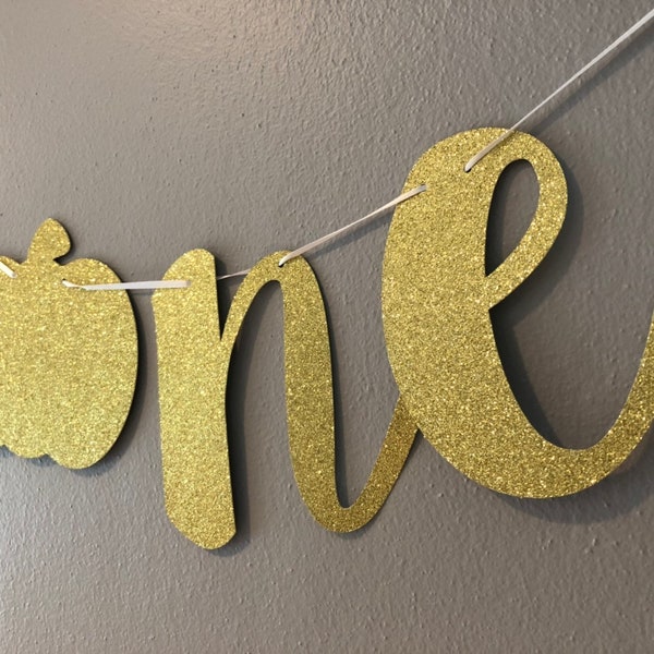 One Pumpkin banner, high chair banner,  one gold banner, first birthday, fall birthday, fall birthday banner, gold glitter, gold