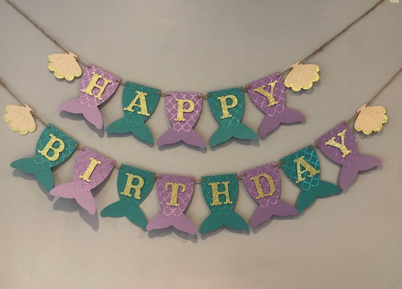 Mermaid birthday banner, mermaid tail banner, first birthday, mermaid party, under the sea, mermaid banner, PURPLE, TEAL, and GOLD image 1