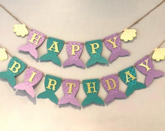 Mermaid birthday banner, mermaid tail banner, first birthday, mermaid party, under the sea, mermaid banner, PURPLE, TEAL, and GOLD