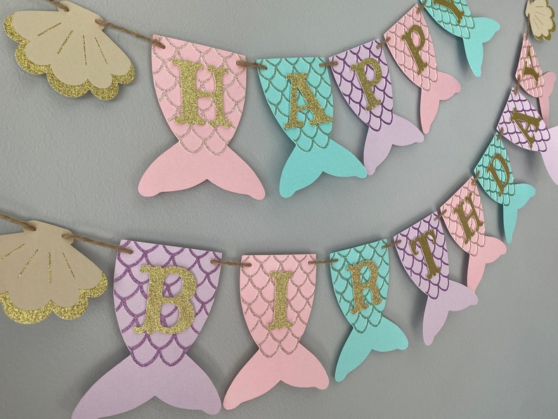 Mermaid birthday banner, mermaid tail banner, first birthday, mermaid party, under the sea, mermaid banner, PURPLE, TEAL, PINK, and gold image 3