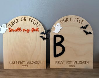 Baby's first halloween, footprint art, DIY footprint, my first halloween, personalized halloween decor, our little boo sign
