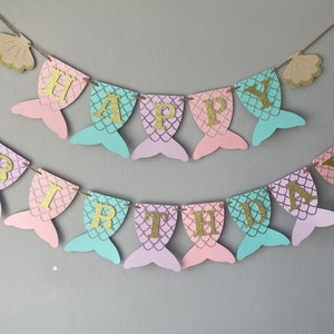 Mermaid birthday banner, mermaid tail banner, first birthday, mermaid party, under the sea, mermaid banner, PURPLE, TEAL, PINK, and gold image 1