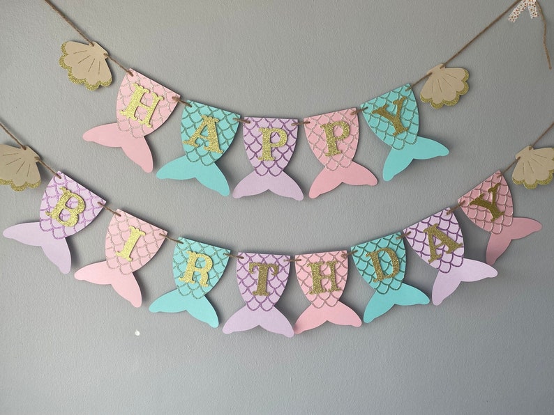 Mermaid birthday banner, mermaid tail banner, first birthday, mermaid party, under the sea, mermaid banner, PURPLE, TEAL, PINK, and gold image 1