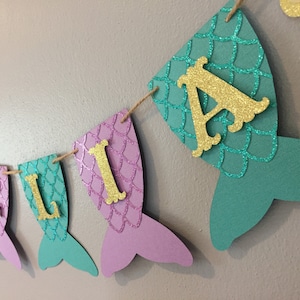 Mermaid Name Banner, baby shower, first birthday, under the sea,  mermaid party, mermaid banner, Purple, teal, and gold