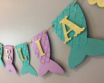 Mermaid Name Banner, baby shower, first birthday, under the sea,  mermaid party, mermaid banner, Purple, teal, and gold