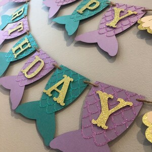 Mermaid birthday banner, mermaid tail banner, first birthday, mermaid party, under the sea, mermaid banner, PURPLE, TEAL, and GOLD image 2