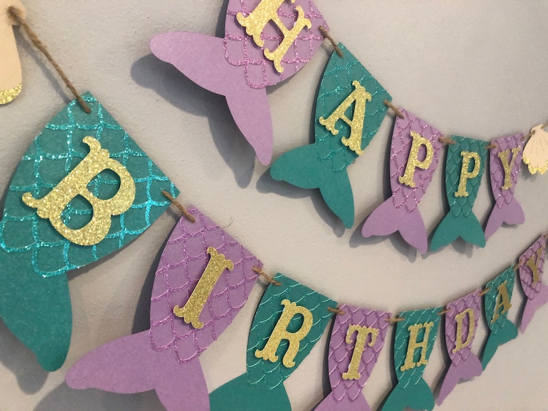 Mermaid birthday banner, mermaid tail banner, first birthday, mermaid party, under the sea, mermaid banner, PURPLE, TEAL, and GOLD image 3