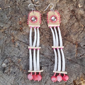 Dentalium shell 2 tier earrings 5 inches long, mother of pearl shell discs sterling silver earwires