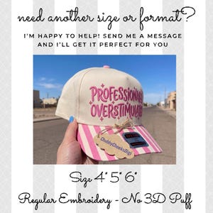 May include: A cream-colored baseball cap with a pink striped brim. The front features pink embroidered text that reads PROFESSIONALLY OVERSTIMULATED with small star accents. A tan cloud-shaped tag is attached to the brim with twine.
