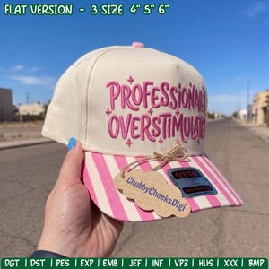 May include: A cream-colored baseball cap with pink striped brim and pink embroidered text reading PROFESSIONALLY OVERSTIMULATED with star accents. A cloud-shaped tag reads ChubbyCheeksDigi. The text FLAT VERSION 3 SIZE 4" 5" 6" is visible.