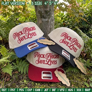 May include: Three baseball caps with off-white crowns and red embroidered text reading Thick Thighs Save Lives. The brims are blue, black, and red. Each cap features an Otto brand sticker and a ChubbyCheeksDigi tag. Text indicates 4, 5, 6 inch sizes.