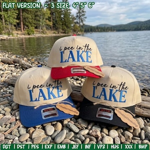 May include: Three baseball caps in beige with red, blue, and black brims. Each cap features the embroidered text "i pee in the LAKE" in black and blue. The caps include attached tags and stickers, with text indicating three sizes of 4, 5, and 6 inches.