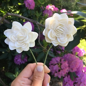K&ouml;nnte beinhalten: Zwei wei&szlig;e, handgefertigte Blumenstiele mit detaillierten Bl&uuml;tenblattmustern werden vor einem &uuml;ppigen, gr&uuml;nen und lila floralen Hintergrund gehalten. Die Blumen sind im Fokus und zeigen ihre komplizierten Schichten und ihr zartes Aussehen.