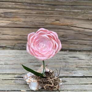 May include: A delicate pink rose made of porcelain sits in a seashell with brown roots and green leaves.