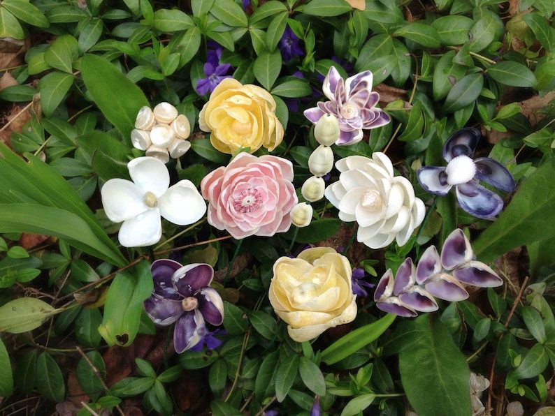K&ouml;nnte beinhalten: Eine Sammlung handgefertigter Muschelblumen in verschiedenen Farben, darunter Wei&szlig;, Gelb, Rosa und Lila, angeordnet auf einem Bett aus gr&uuml;nen Bl&auml;ttern und kleinen lila Bl&uuml;ten. Die Blumen weisen aufwendige Details auf.