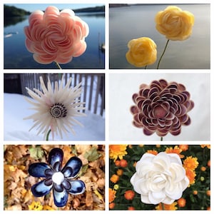 K&ouml;nnte beinhalten: Eine Collage von sechs handgefertigten Blumen in verschiedenen Farben und Stilen. Die Blumen umfassen eine hellrosa, gelbe, wei&szlig;e und blaue Blume. Die Blumen bestehen aus verschiedenen Materialien und sind vor verschiedenen Hintergr&uuml;nden platziert.