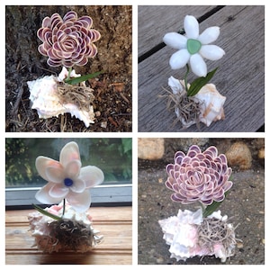 May include: Four handmade flower arrangements made from seashells. Each flower is displayed on a seashell base with a bed of dried moss. The flowers are in shades of pink, purple, and white.