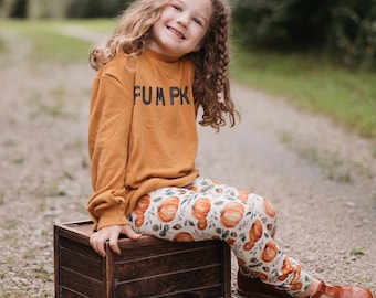 Pumpkin Leggings: Cuff Legging, Kids Pants, Kids Fall Clothes, Pumpkin Patch Outfit, Halloween Outfit, Girl Boy Pants, Fall Legging NB-12