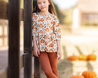 Pumpkin Peplum: 3 Sleeve Options, Girls Clothes, Pumpkin Shirt, Halloween , Fall Top, Pumpkin Patch Outfit, Kids & Youth Shirt, 0/3m-12 year