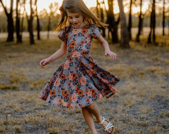 Prairie Blooms Twirl Dress: Girls Dress with 4 Sleeve Options, Floral Dress, Girl Fall Clothes, Fall Dress, Baby & Youth Size, 12/18m-12