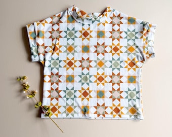 Patchwork Boxy Tee: Girls Patchwork Shirt, Boxy Shirt, Kids Shirt, Sort Sleeve Top, Quilt Shirt, Girls Shirt, Crop Shirt, Boxy Top, NB-9/10