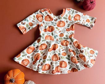 Pumpkin Twirl Dress: Girls Dress with 4 Sleeve Options, Pumpkin Dress, Girl Fall Clothes, Fall Dress, Pumpkin Patch, Baby & Youth, 12/18m-12