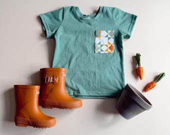 Patchwork Pocket Tee: Short Sleeve, Kid Patchwork Shirt, Unisex Tee, Sewing Lover Shirt, Pocket Shirt, Quilt Maker, Baby-Youth Size, NB-9/10