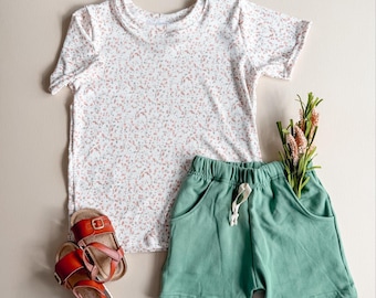 Peaches & Cream Floral Ribbed Top: Regular or Lettuce Hem, Short Sleeve Top, Rib Knit, Lettuce Hem Tee, Girls Rib Shirt, Floral Top, 0-9/10