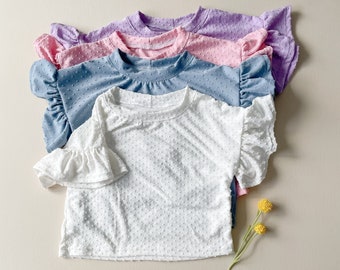 Solid Swiss Dot Ruffle Tops / 4 Colors / Girls Shirt / Ruffle Shirt / Girls Spring Outfit / Girls Clothes / Ruffle Sleeves / 0-7