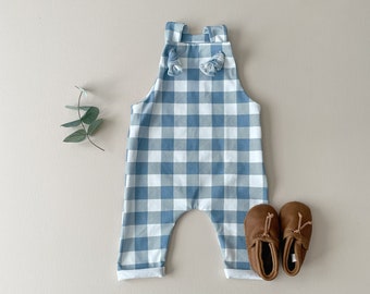Dusty Blue Plaid Knot Overalls / Short or Long / Adjustable Overall / Knot Strap / Baby Overall / Kids Overalls / Jumper / Onepiece / NB-7/8